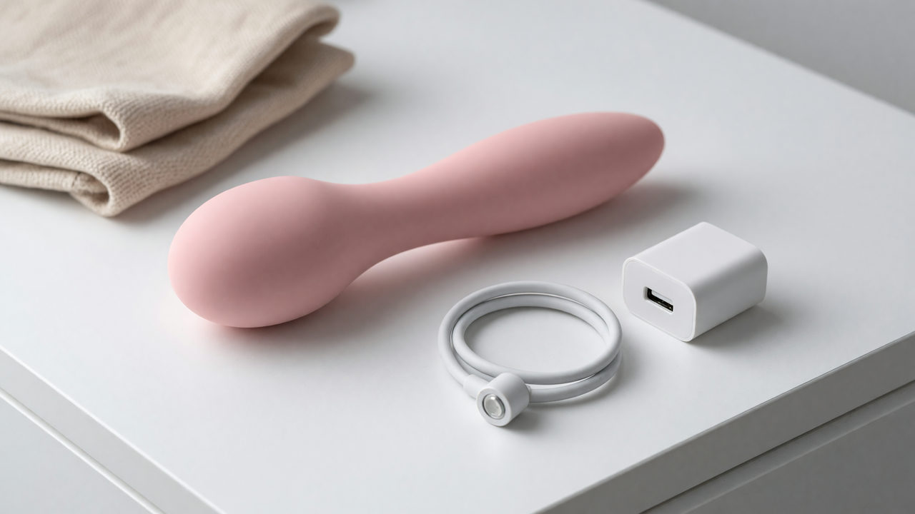 Roze siliconen vibrator op een nachtkastje naast een magnetische laadkabel en een usb-adapter