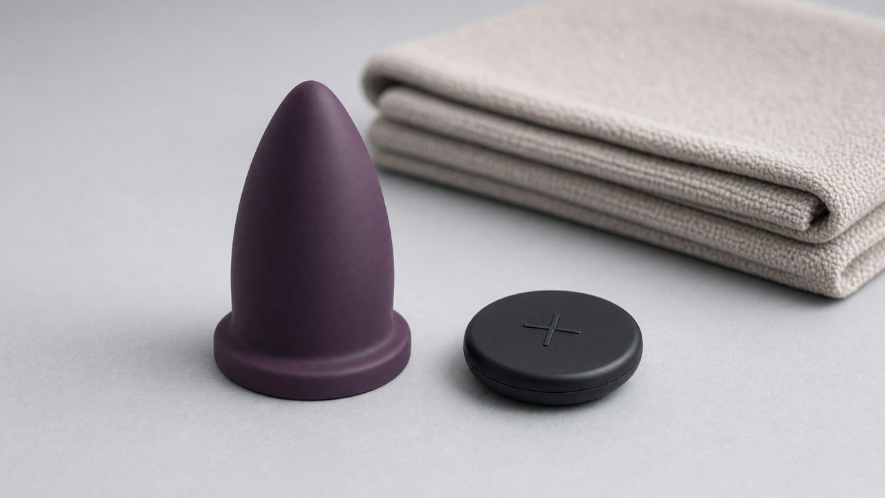 Een siliconen vibrerende buttplug in donker paars naast een kleine ronde afstandsbediening op grijs textiel.