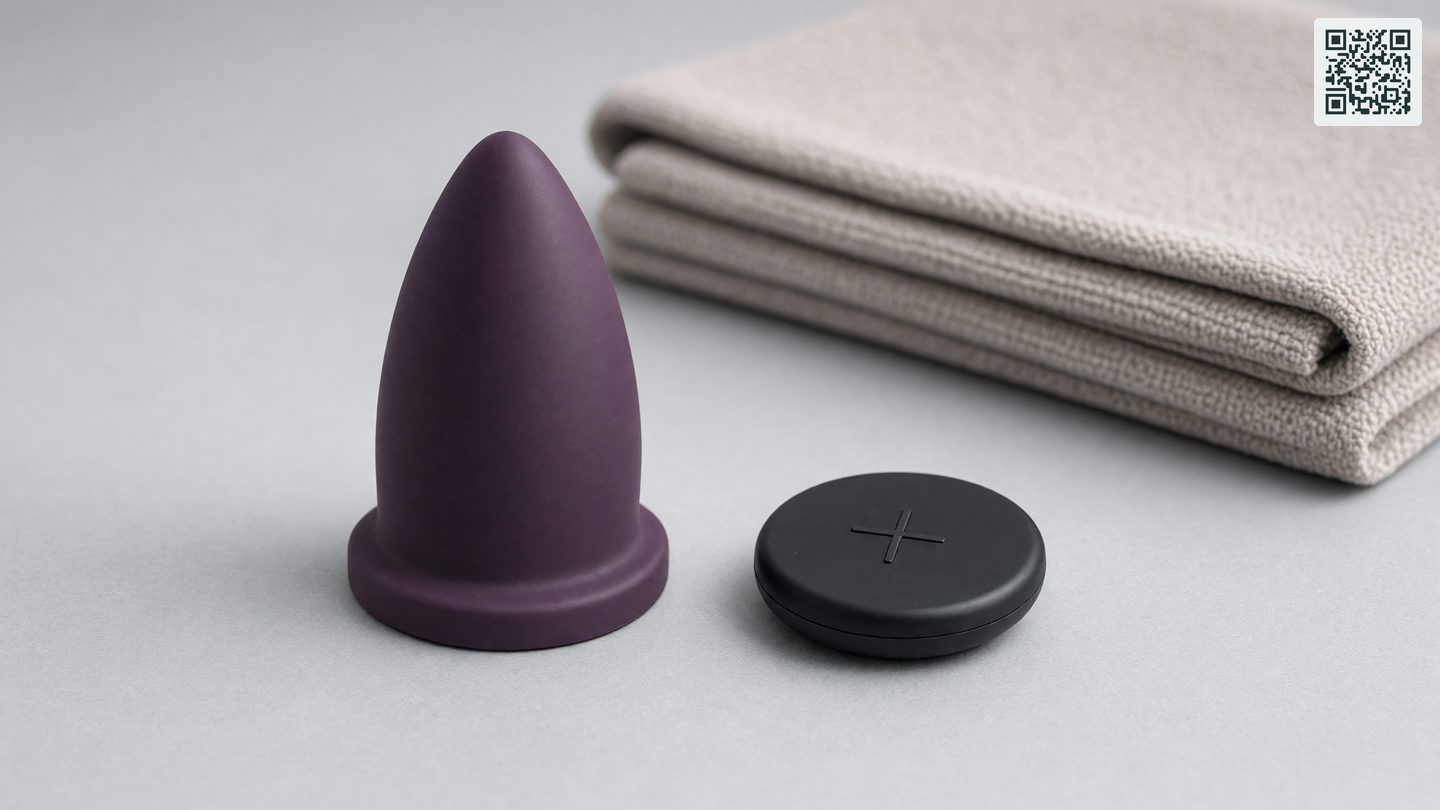 Een siliconen vibrerende buttplug in donker paars naast een kleine ronde afstandsbediening op grijs textiel.