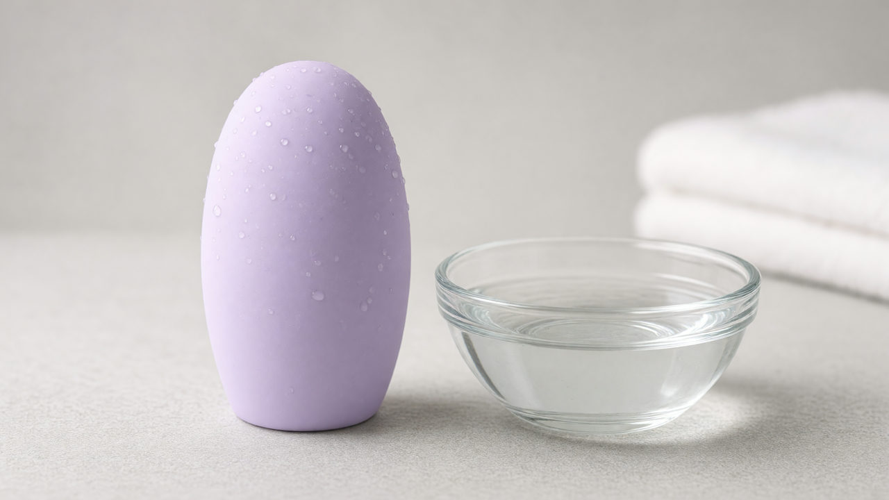 Glad pastelkleurig siliconen apparaat met waterdruppels naast een glazen schaal water en een opgevouwen handdoek
