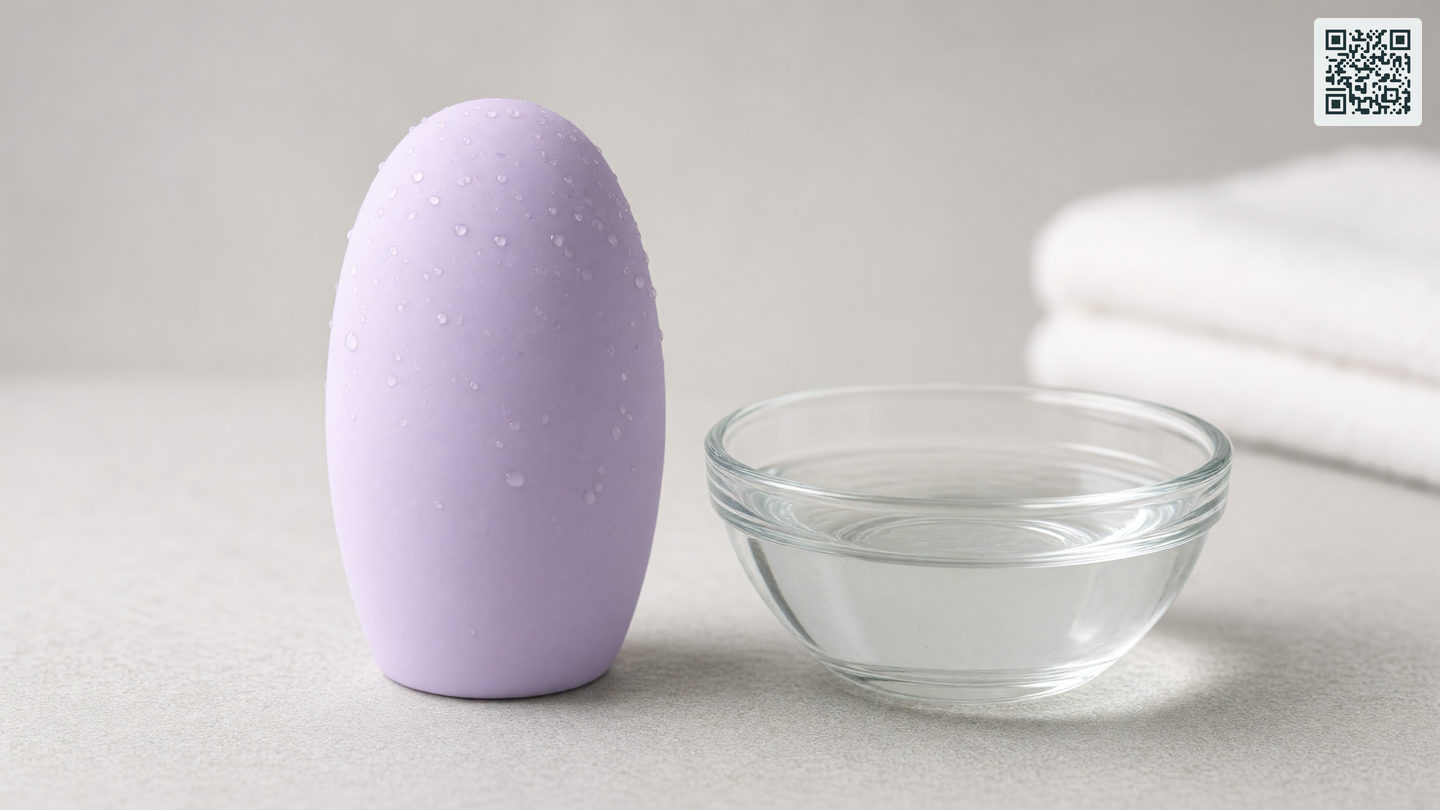 Glad pastelkleurig siliconen apparaat met waterdruppels naast een glazen schaal water en een opgevouwen handdoek