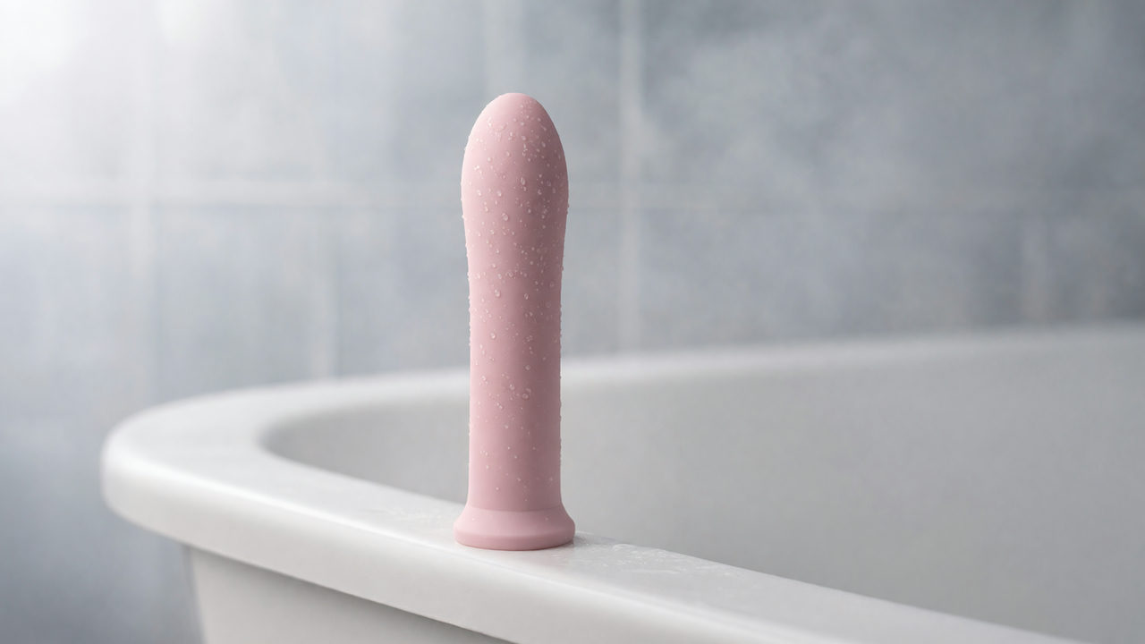 Een roze siliconen vibrator met waterdruppels op het naadloze oppervlak, staand op de rand van een bad