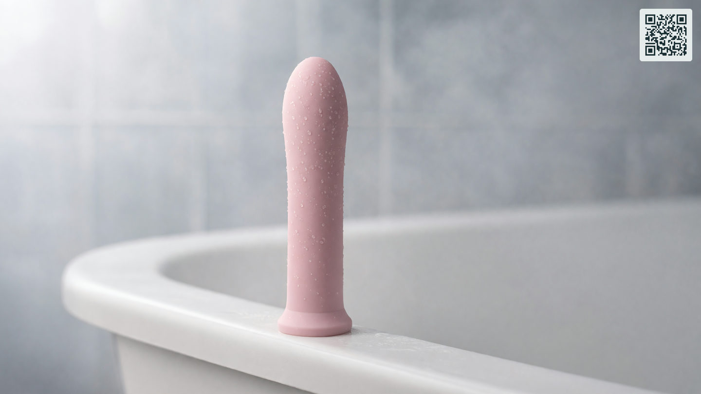 Een roze siliconen vibrator met waterdruppels op het naadloze oppervlak, staand op de rand van een bad