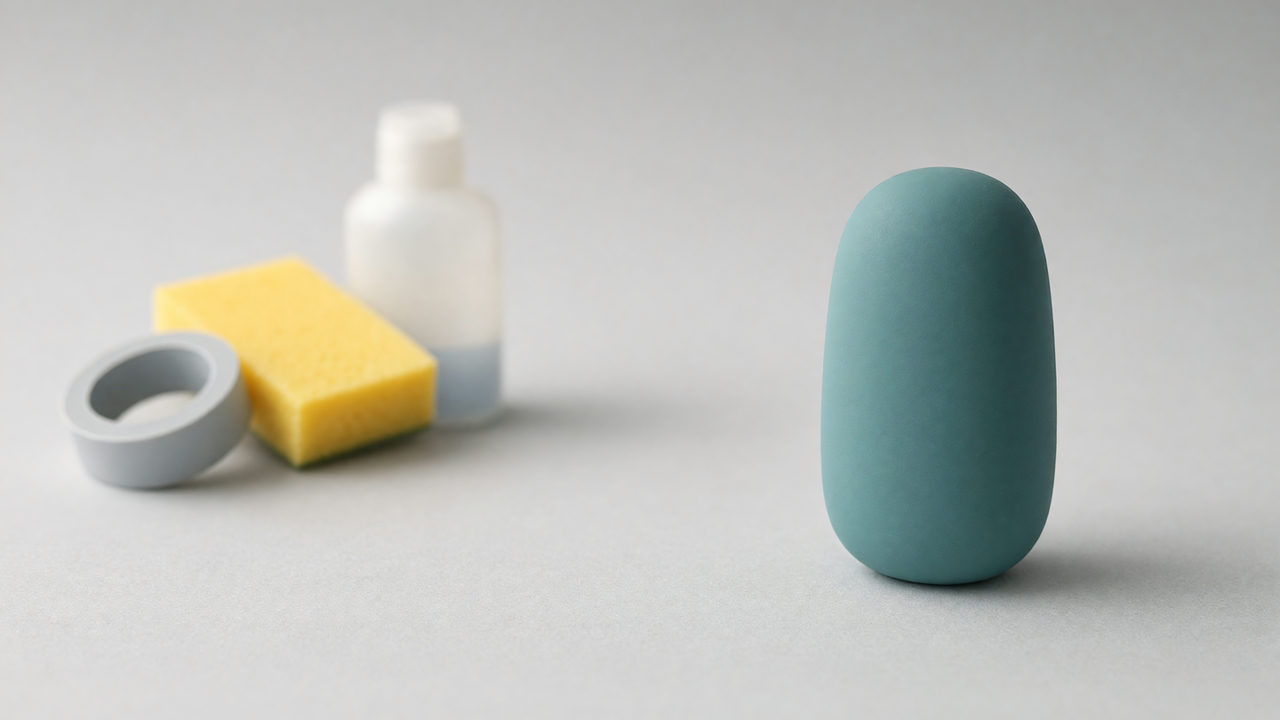 Huishoudelijke spullen zoals een spons en tape naast een glad siliconen object, als tegenstelling tussen zelfbouw en een gemaakt speeltje.