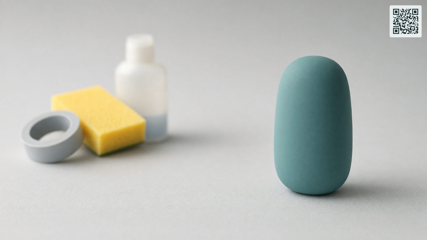 Huishoudelijke spullen zoals een spons en tape naast een glad siliconen object, als tegenstelling tussen zelfbouw en een gemaakt speeltje.